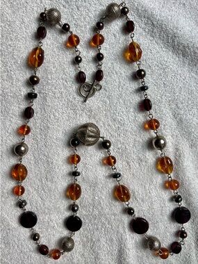 Amber and Garnet Beaded Necklace with Silver-Tone Accents
